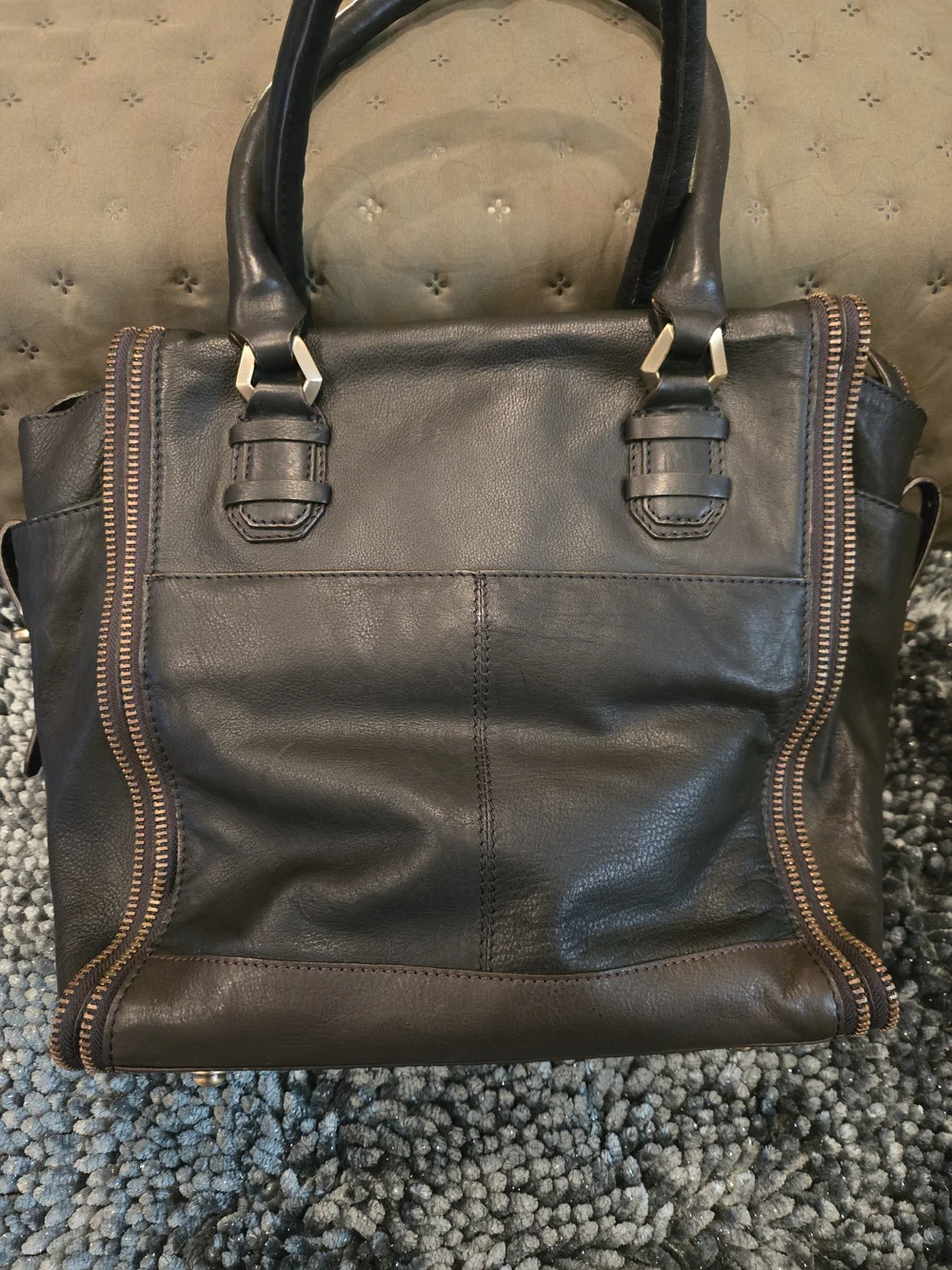orYANY Black Leather Satchel with Brass-Tone Zipper & Brown Accents.  Excellent